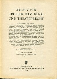 Roeber, Archiv für Urheber-, Film-, Funk- udn Theaterrecht, Band 32, 3./4. Heft (Umschlag)
